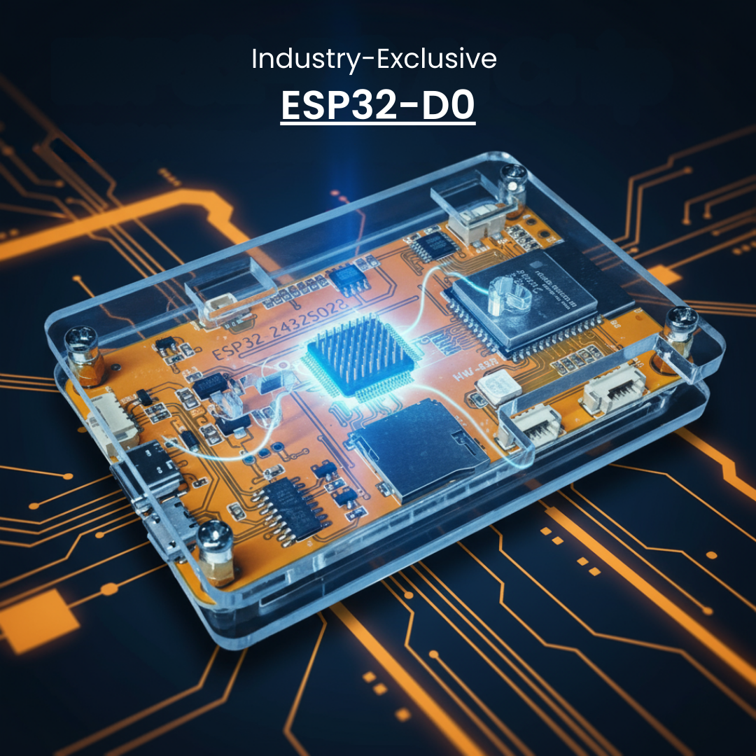 ESP32-D0 electronic component on a circuit board with glowing lines